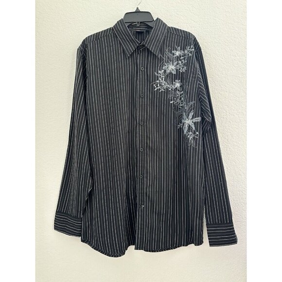 Y2K Burnside Mens Button Down Dress Shirt XL Black Embroidered Floral Grunge Dad - Picture 1 of 15